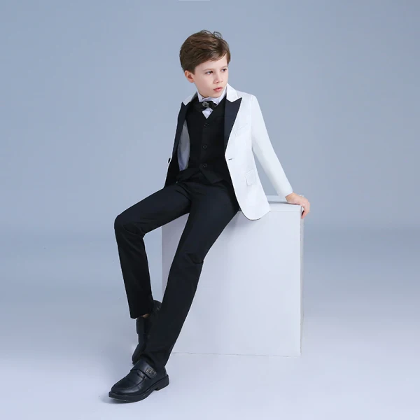 Elegant White Coat Black Pants Rhinestone Tie Boys Wedding Suits 2019