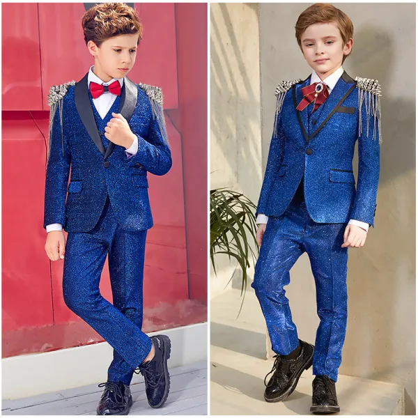 Amazing / Unique Royal Blue Glitter Polyester Boys Wedding Suits 2019 Rivet Tassel