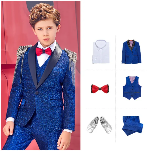 Unieke Koninklijk Blauw Glans Polyester Jongenspakken 2019 Klinknagel Kwast