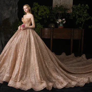 Sparkly Champagne See Through Wedding Dresses 2019 Ball Gown Scoop Neck Long Sleeve Heart Shaped Backless Beading Sequins Tulle Royal Train Ruffle