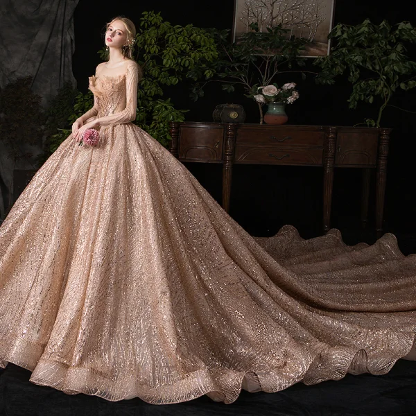 Glittrande Champagne Genomskinliga Bröllopsklänningar 2019 Balklänning Urringning Långärmad HJÄRTFORMIG Halterneck Beading Paljetter Tyll Royal Train Ruffle