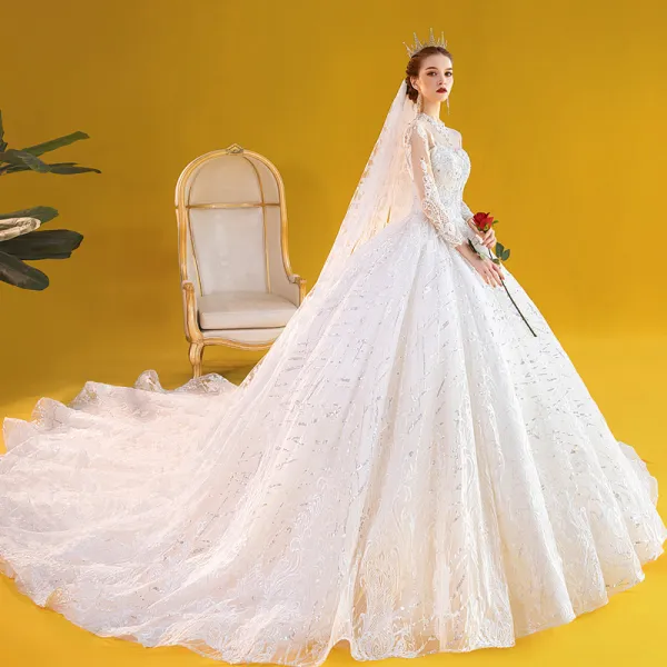 Vintage / Retro Ivory See-through Wedding Dresses 2020 Ball Gown High Neck 3/4 Sleeve Backless Glitter Tulle Appliques Lace Beading Pearl Royal Train Ruffle