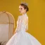 Vintage / Originale Ivoire Transparentes Robe De Mariée 2020 Robe Boule Col Haut 3/4 Manches Dos Nu Glitter Tulle Appliques En Dentelle Perlage Perle Royal Train Volants