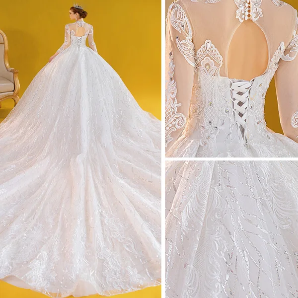Vintage / Originale Ivoire Transparentes Robe De Mariée 2020 Robe Boule Col Haut 3/4 Manches Dos Nu Glitter Tulle Appliques En Dentelle Perlage Perle Royal Train Volants