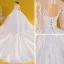 Vintage / Originale Ivoire Transparentes Robe De Mariée 2020 Robe Boule Col Haut 3/4 Manches Dos Nu Glitter Tulle Appliques En Dentelle Perlage Perle Royal Train Volants