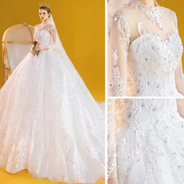 Vintage / Originale Ivoire Transparentes Robe De Mariée 2020 Robe Boule Col Haut 3/4 Manches Dos Nu Glitter Tulle Appliques En Dentelle Perlage Perle Royal Train Volants