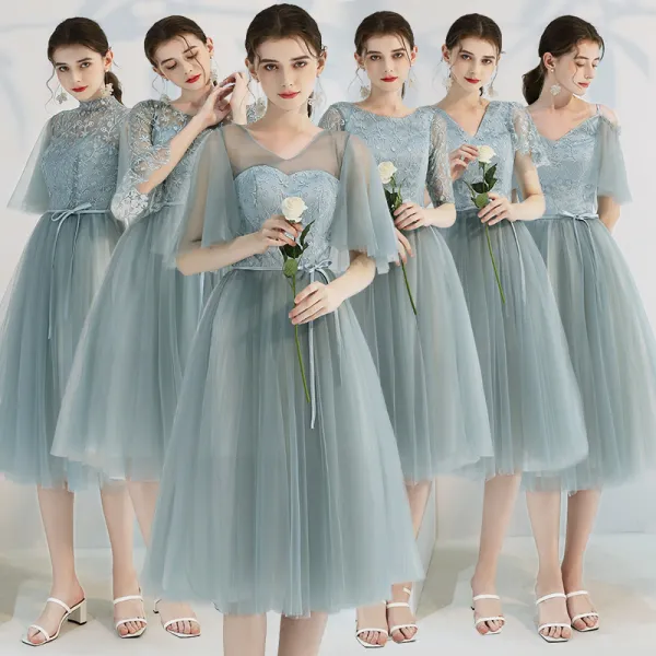 Affordable Green Bridesmaid Dresses 2019 A-Line / Princess Appliques Lace Ruffle Sash Tea-length Backless Wedding Party Dresses