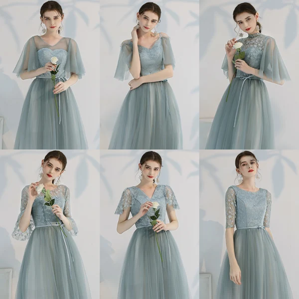 Affordable Green Bridesmaid Dresses 2019 A-Line / Princess Appliques Lace Ruffle Sash Tea-length Backless Wedding Party Dresses