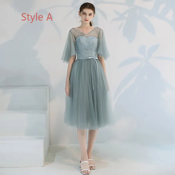Affordable Green Bridesmaid Dresses 2019 A-Line / Princess Appliques Lace Ruffle Sash Tea-length Backless Wedding Party Dresses