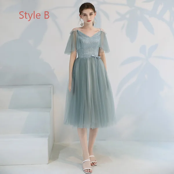 Affordable Green Bridesmaid Dresses 2019 A-Line / Princess Appliques Lace Ruffle Sash Tea-length Backless Wedding Party Dresses