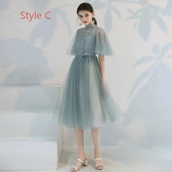 Affordable Green Bridesmaid Dresses 2019 A-Line / Princess Appliques Lace Ruffle Sash Tea-length Backless Wedding Party Dresses