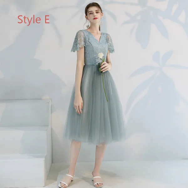 Affordable Green Bridesmaid Dresses 2019 A-Line / Princess Appliques Lace Ruffle Sash Tea-length Backless Wedding Party Dresses