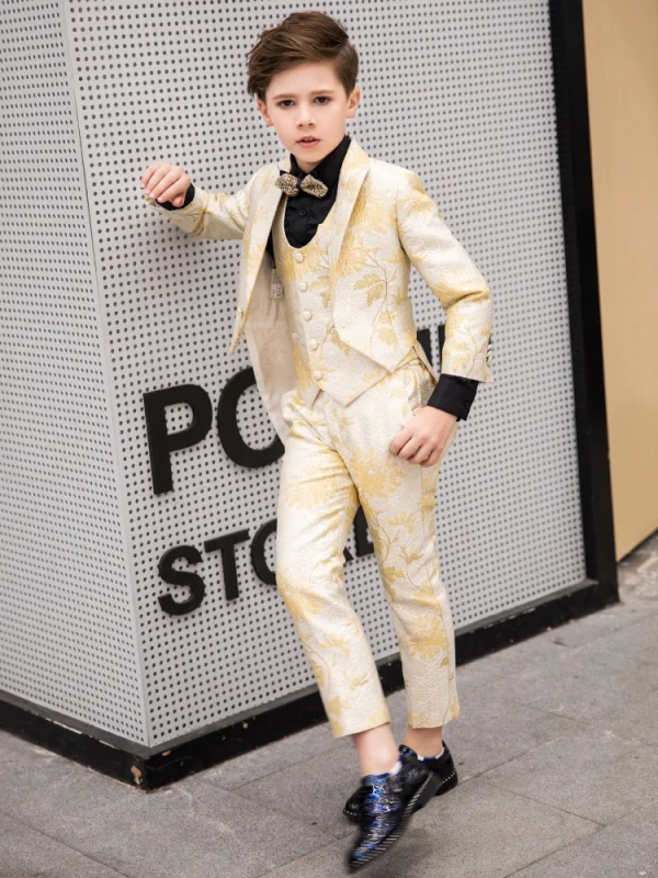 Eleganckie Cekinami Krawat Złote Chłopięce Garnitury ślubne 2019