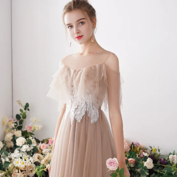 Affordable Khaki Bridesmaid Dresses 2019 A-Line / Princess Appliques Lace Sequins Floor-Length / Long Ruffle Wedding Party Dresses