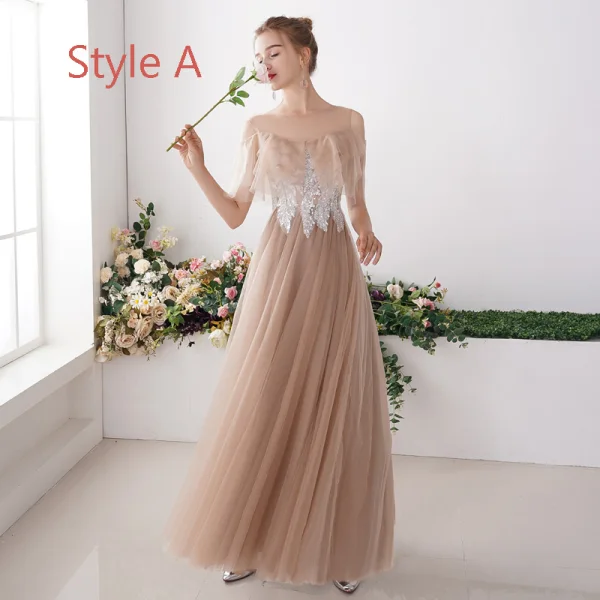 Affordable Khaki Bridesmaid Dresses 2019 A-Line / Princess Appliques Lace Sequins Floor-Length / Long Ruffle Wedding Party Dresses