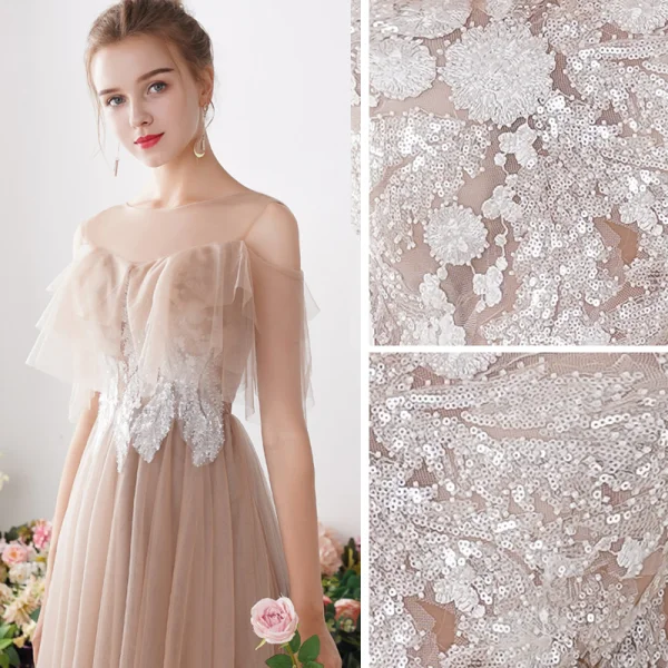 Affordable Khaki Bridesmaid Dresses 2019 A-Line / Princess Appliques Lace Sequins Floor-Length / Long Ruffle Wedding Party Dresses