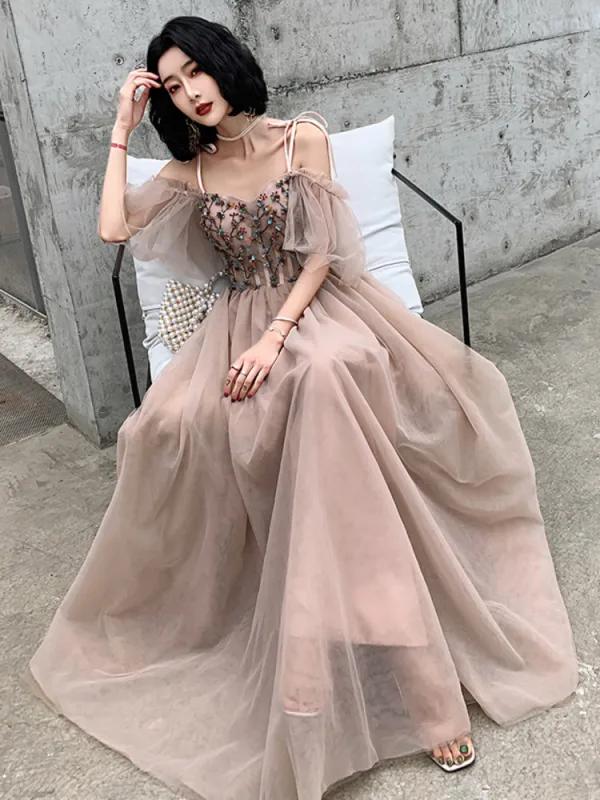 Chic / Beautiful Pearl Pink Evening Dresses  2019 A-Line / Princess Spaghetti Straps Short Sleeve Appliques Flower Beading Floor-Length / Long Ruffle Backless Formal Dresses