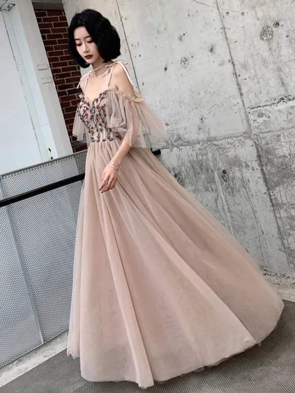 Chic / Beautiful Pearl Pink Evening Dresses  2019 A-Line / Princess Spaghetti Straps Short Sleeve Appliques Flower Beading Floor-Length / Long Ruffle Backless Formal Dresses