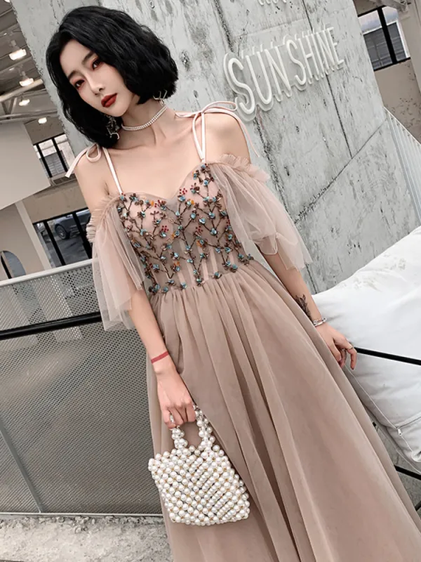 Chic / Beautiful Pearl Pink Evening Dresses  2019 A-Line / Princess Spaghetti Straps Short Sleeve Appliques Flower Beading Floor-Length / Long Ruffle Backless Formal Dresses
