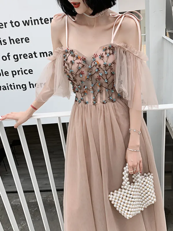 Chic / Beautiful Pearl Pink Evening Dresses  2019 A-Line / Princess Spaghetti Straps Short Sleeve Appliques Flower Beading Floor-Length / Long Ruffle Backless Formal Dresses