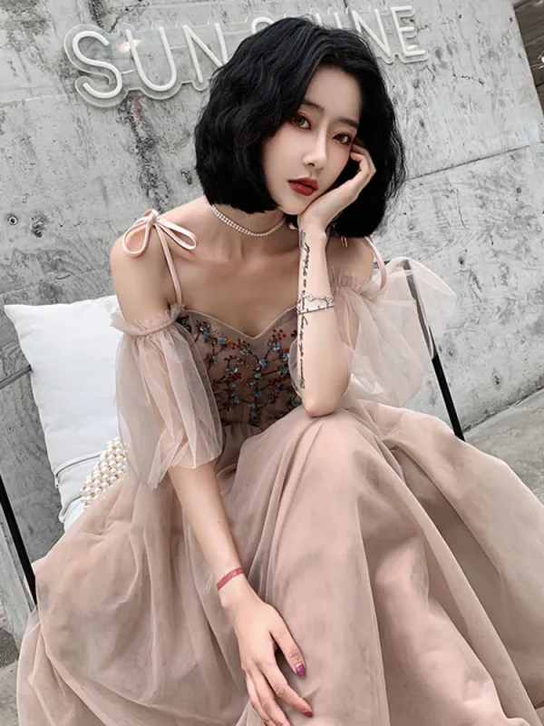 Chic / Beautiful Pearl Pink Evening Dresses  2019 A-Line / Princess Spaghetti Straps Short Sleeve Appliques Flower Beading Floor-Length / Long Ruffle Backless Formal Dresses