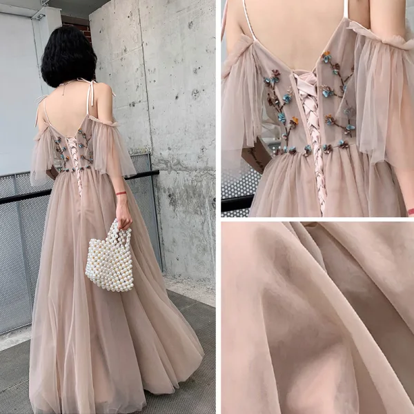 Chic / Beautiful Pearl Pink Evening Dresses  2019 A-Line / Princess Spaghetti Straps Short Sleeve Appliques Flower Beading Floor-Length / Long Ruffle Backless Formal Dresses