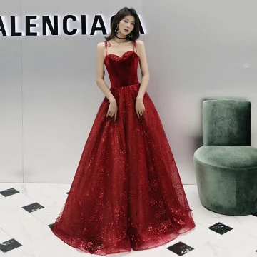 Élégant Bordeaux Robe De Soirée 2019 Princesse Bretelles Spaghetti Sans Manches Glitter Tulle Longue Volants Dos Nu Robe De Ceremonie