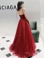 Elegant Burgundy Evening Dresses  2019 A-Line / Princess Spaghetti Straps Sleeveless Glitter Tulle Floor-Length / Long Ruffle Backless Formal Dresses
