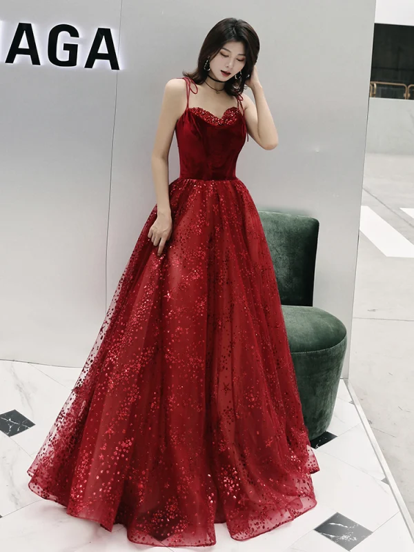 Elegant Burgundy Evening Dresses  2019 A-Line / Princess Spaghetti Straps Sleeveless Glitter Tulle Floor-Length / Long Ruffle Backless Formal Dresses
