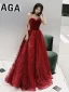 Elegant Burgundy Evening Dresses  2019 A-Line / Princess Spaghetti Straps Sleeveless Glitter Tulle Floor-Length / Long Ruffle Backless Formal Dresses