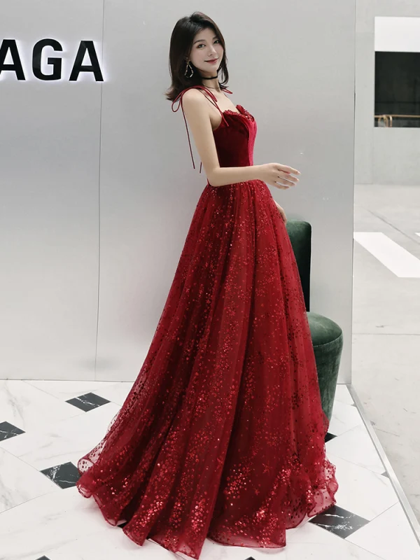Elegant Burgundy Evening Dresses  2019 A-Line / Princess Spaghetti Straps Sleeveless Glitter Tulle Floor-Length / Long Ruffle Backless Formal Dresses