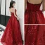 Elegant Burgundy Evening Dresses  2019 A-Line / Princess Spaghetti Straps Sleeveless Glitter Tulle Floor-Length / Long Ruffle Backless Formal Dresses