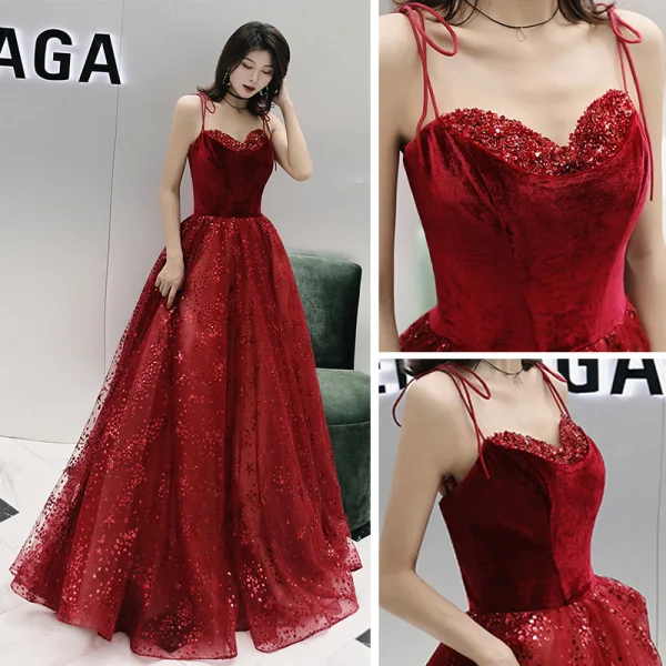 Elegant Burgundy Evening Dresses  2019 A-Line / Princess Spaghetti Straps Sleeveless Glitter Tulle Floor-Length / Long Ruffle Backless Formal Dresses