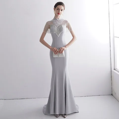 Vintage Grau Durchsichtige Abendkleider 2020 Meerjungfrau Stehkragen Ärmellos Applikationen Spitze Strass Perlenstickerei Quaste Sweep / Pinsel Zug Rüschen Festliche Kleider