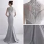 Vintage / Originale Gris Transparentes Robe De Soirée 2020 Trompette / Sirène Col Haut Sans Manches Appliques En Dentelle Faux Diamant Perlage Gland Train De Balayage Volants Robe De Ceremonie