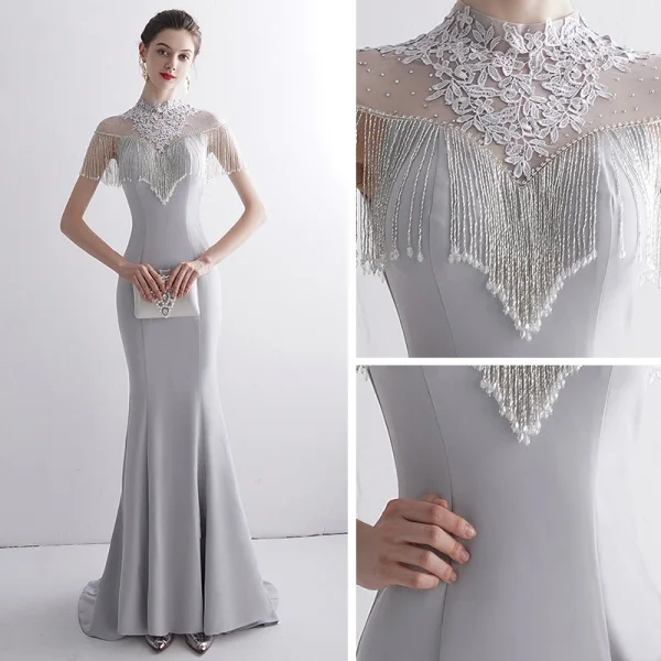 Vintage / Originale Gris Transparentes Robe De Soirée 2020 Trompette / Sirène Col Haut Sans Manches Appliques En Dentelle Faux Diamant Perlage Gland Train De Balayage Volants Robe De Ceremonie