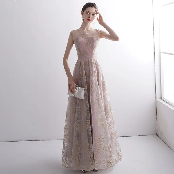 Elegant Blushing Pink See-through Evening Dresses 2020 A-Line / Princess Scoop Neck Sleeveless Glitter Appliques Lace Floor-Length / Long Ruffle Formal Dresses