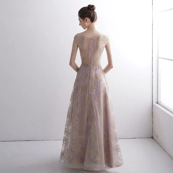 Elegant Blushing Pink See-through Evening Dresses 2020 A-Line / Princess Scoop Neck Sleeveless Glitter Appliques Lace Floor-Length / Long Ruffle Formal Dresses