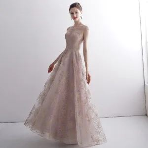 Élégant Rougissant Rose Transparentes Robe De Soirée 2020 Princesse Encolure Dégagée Sans Manches Glitter Appliques En Dentelle Longue Volants Robe De Ceremonie