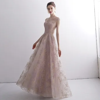 Élégant Rougissant Rose Transparentes Robe De Soirée 2020 Princesse Encolure Dégagée Sans Manches Glitter Appliques En Dentelle Longue Volants Robe De Ceremonie