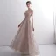 Elegant Blushing Pink See-through Evening Dresses  2020 A-Line / Princess Scoop Neck Sleeveless Glitter Appliques Lace Floor-Length / Long Ruffle Formal Dresses