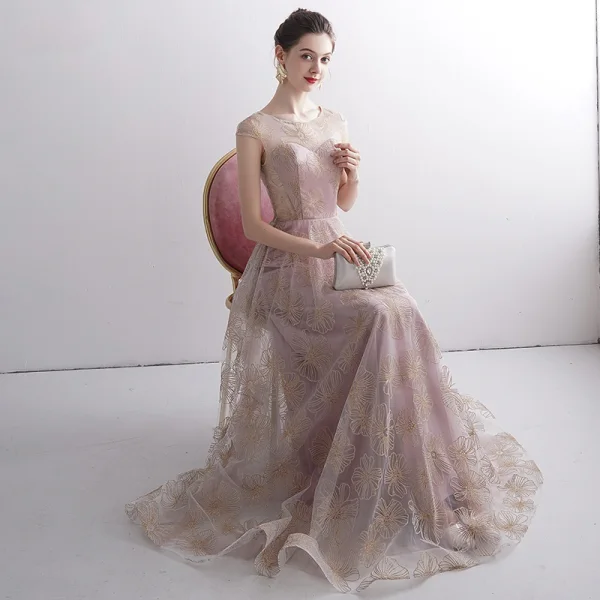 Elegant Blushing Pink See-through Evening Dresses 2020 A-Line / Princess Scoop Neck Sleeveless Glitter Appliques Lace Floor-Length / Long Ruffle Formal Dresses