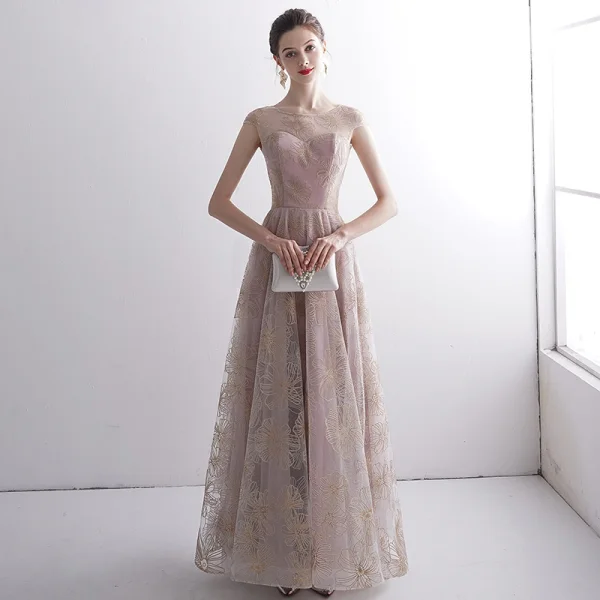 Elegant Blushing Pink See-through Evening Dresses 2020 A-Line / Princess Scoop Neck Sleeveless Glitter Appliques Lace Floor-Length / Long Ruffle Formal Dresses