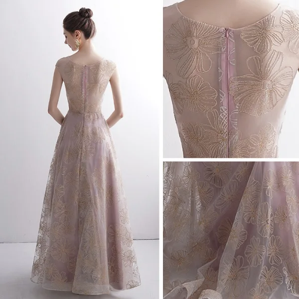 Elegant Blushing Pink See-through Evening Dresses 2020 A-Line / Princess Scoop Neck Sleeveless Glitter Appliques Lace Floor-Length / Long Ruffle Formal Dresses