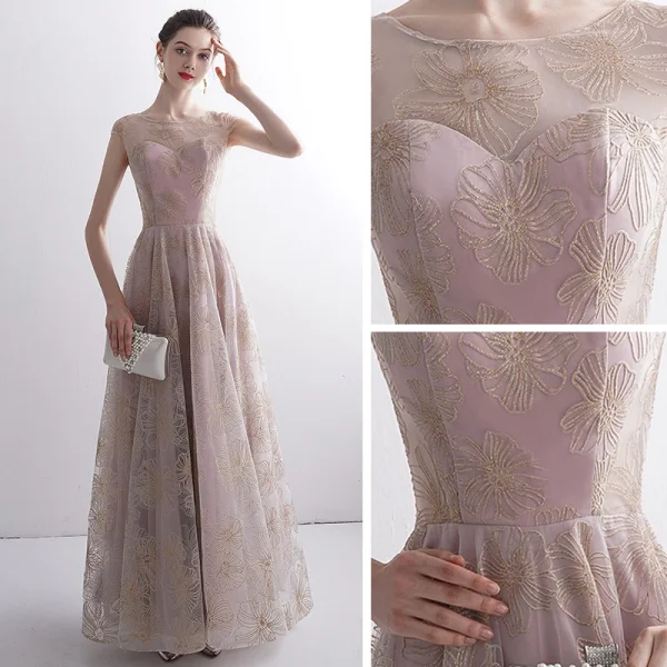 Elegant Blushing Pink See-through Evening Dresses 2020 A-Line / Princess Scoop Neck Sleeveless Glitter Appliques Lace Floor-Length / Long Ruffle Formal Dresses