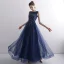 Elegant Navy Blue Evening Dresses  2020 A-Line / Princess Scoop Neck Sleeveless Appliques Lace Beading Floor-Length / Long Ruffle Formal Dresses