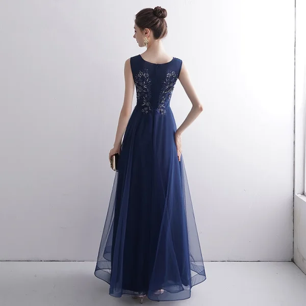 Elegant Navy Blue Evening Dresses  2020 A-Line / Princess Scoop Neck Sleeveless Appliques Lace Beading Floor-Length / Long Ruffle Formal Dresses
