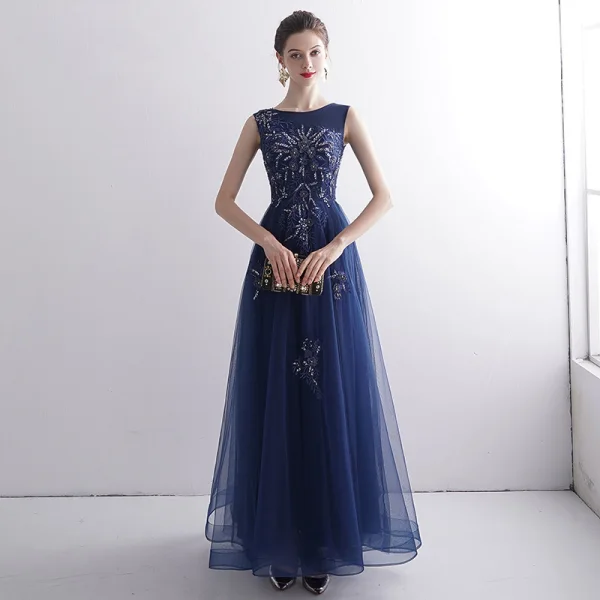Elegant Navy Blue Evening Dresses  2020 A-Line / Princess Scoop Neck Sleeveless Appliques Lace Beading Floor-Length / Long Ruffle Formal Dresses