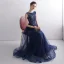 Elegant Navy Blue Evening Dresses  2020 A-Line / Princess Scoop Neck Sleeveless Appliques Lace Beading Floor-Length / Long Ruffle Formal Dresses