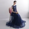 Elegant Navy Blue Evening Dresses  2020 A-Line / Princess Scoop Neck Sleeveless Appliques Lace Beading Floor-Length / Long Ruffle Formal Dresses
